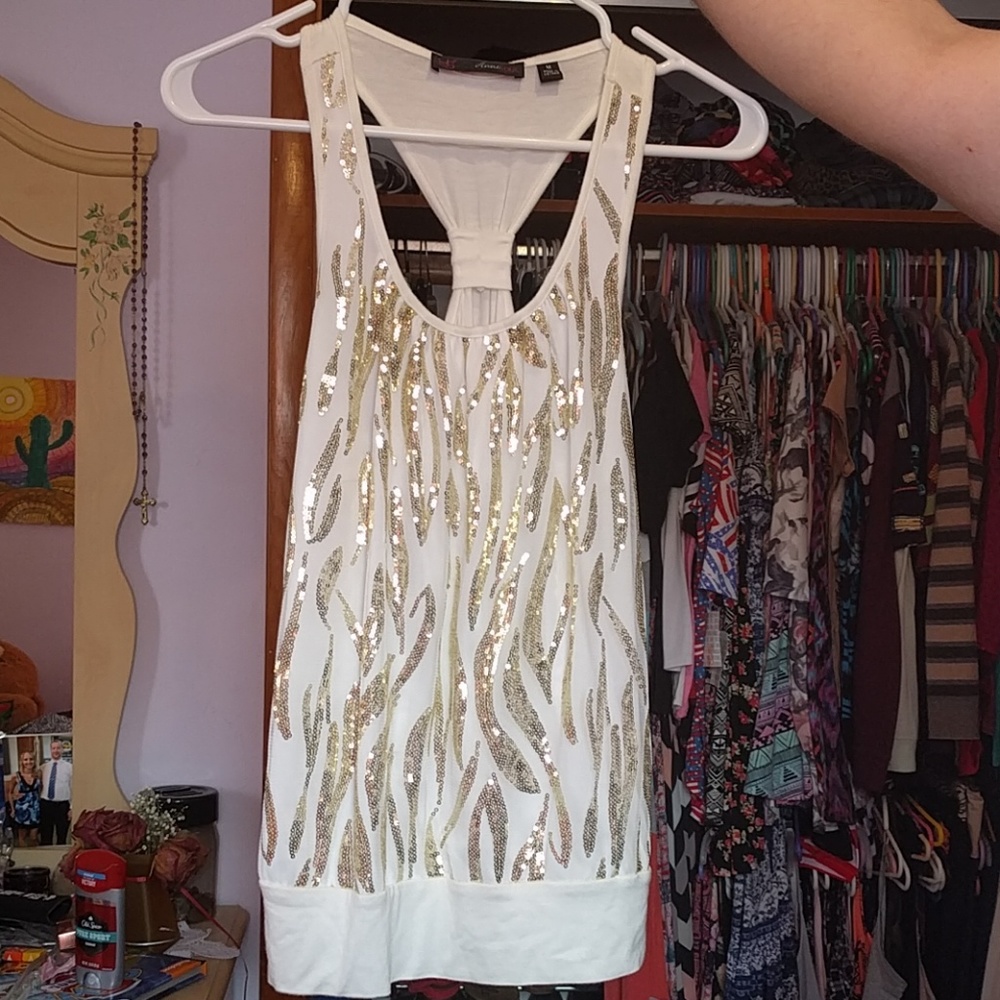 BNWOT White And Gold Sequined top